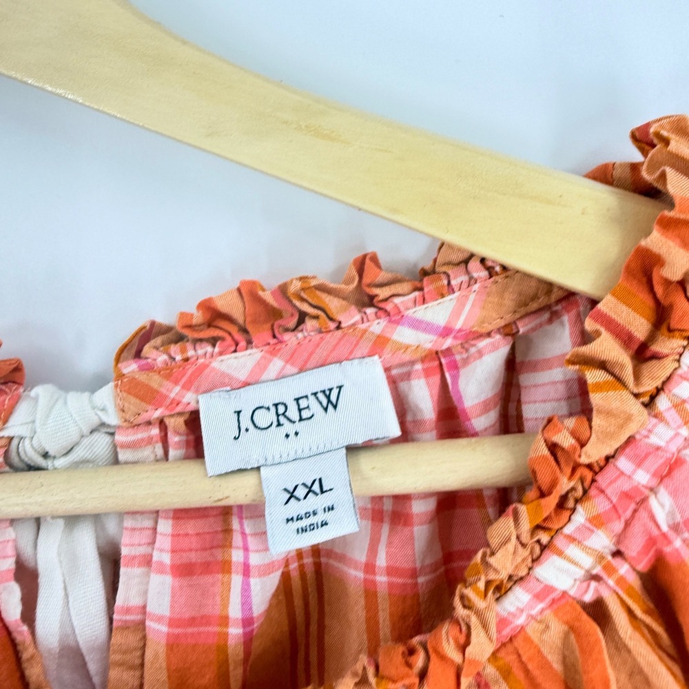 J. Crew Factory Plaid Ruffle Neck Blouse Orange XXL Coastal Cottagecore Boho - Picture 3 of 8